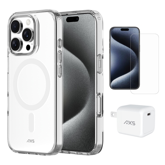 AXS Starter Kit bundle | Ultra Clear MagSafe Case, Screen Protector and 30w Charger for Apple iPhone 16 Pro