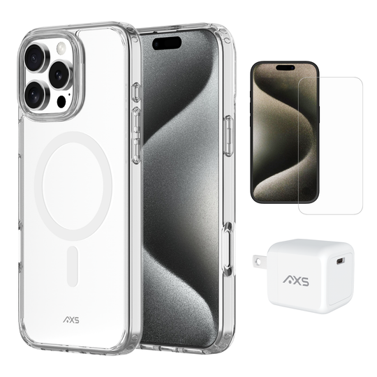 AXS Starter Kit bundle | Ultra Clear MagSafe Case, Screen Protector and 30w Charger for Apple iPhone 16 Pro Max