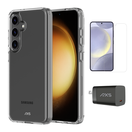 AXS Starter Kit bundle | Ultra Clear Case, Screen Protector and 30w Charger for Samsung Galaxy S24