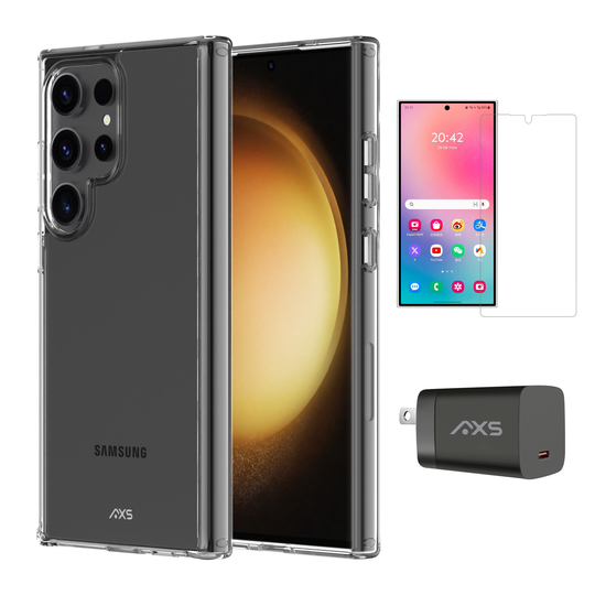AXS Starter Kit bundle | Ultra Clear Case, Screen Protector and 30w Charger for Samsung Galaxy S24 Ultra