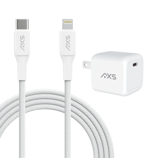 AXS 30W PROCharge GRS USB-C PD GaN Wall Charger with USB-C to Lightning Braided Cable | White