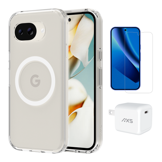 Pack de démarrage AXS | Coque Ultra Claire, Protecteur d'écran et Chargeur 30w pour Google Pixel 9a