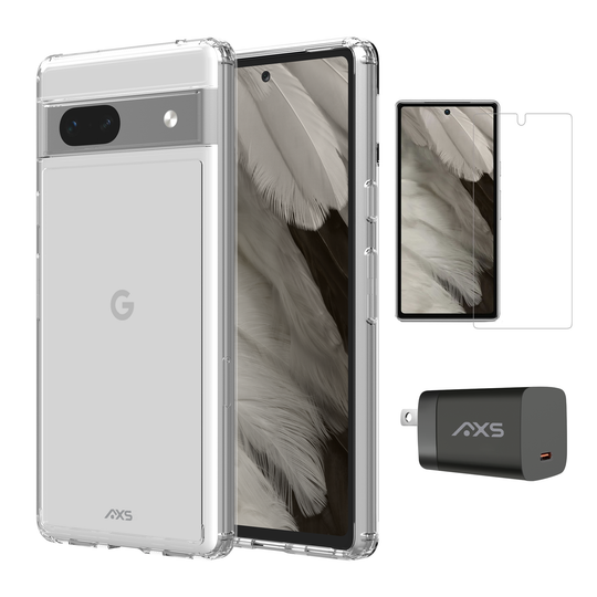 AXS Starter Kit bundle | Ultra Clear Case, Screen Protector and 30w Charger for Google Pixel 7a