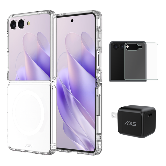 Pack de démarrage AXS | Coque Ultra Claire, Protecteur d'écran et Chargeur 30w pour Samsung Galaxy Z Flip 7