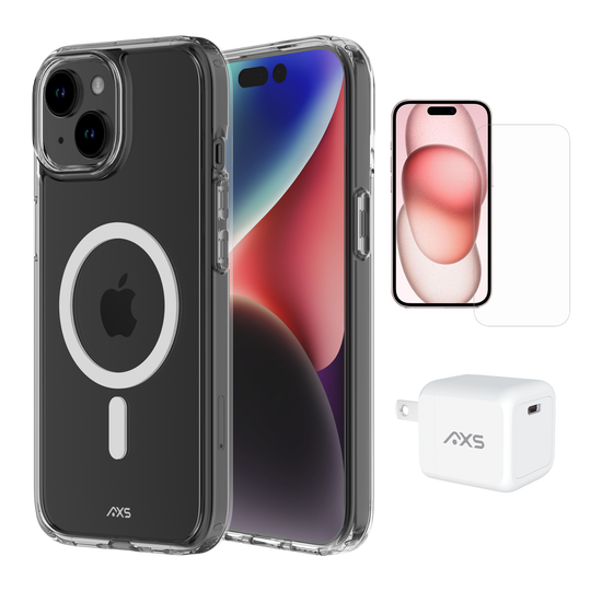 AXS Starter Kit bundle | Ultra Clear MagSafe Case, Screen Protector and 30w Charger for Apple iPhone 15