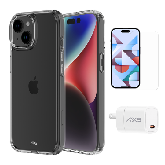 AXS Starter Kit bundle | Ultra Clear Case, Screen Protector and 20w Charger for Apple iPhone 15