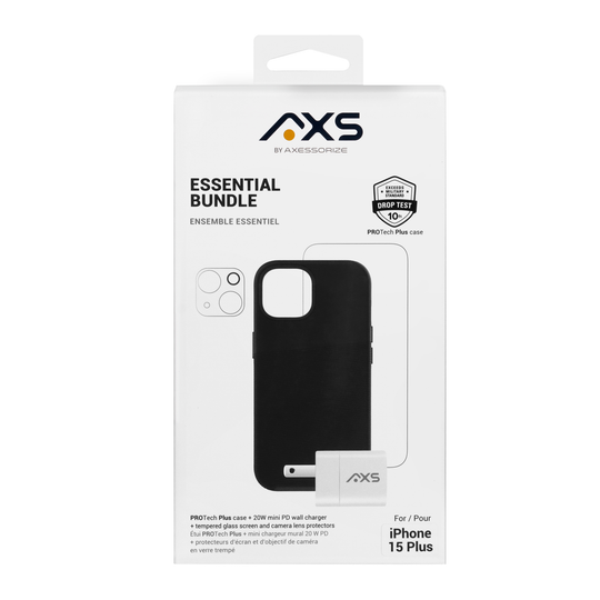 Axessorize Ensemble de départ | étui ULTRA CLEAR transparent testé contre les chutes, protecteur d’écran et chargeur 20W pour iPhone 14 Pro Max