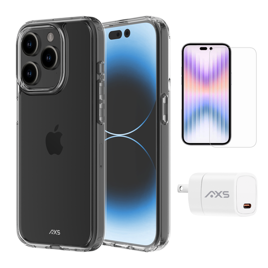AXS Starter Kit bundle | Ultra Clear Case, Screen Protector and 20w Charger for Apple iPhone 15 Pro