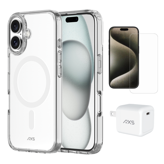 AXS Starter Kit bundle | Ultra Clear MagSafe Case, Screen Protector and 30w Charger for Apple iPhone 16
