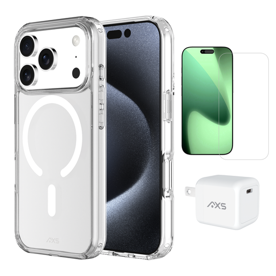 AXS Starter Kit bundle | Ultra Clear MagSafe Case, Screen Protector and 30w Charger for Apple iPhone 17 Pro