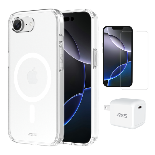 Pack de démarrage AXS | Coque Ultra Claire MagSafe, Protecteur d'écran et Chargeur 30w pour Apple iPhone 17