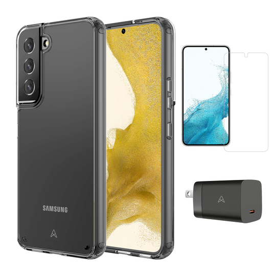 Axessorize Starter Kit bundle | Ultra Clear Case, Screen Protector and 30W Charger for Samsung Galaxy S22
