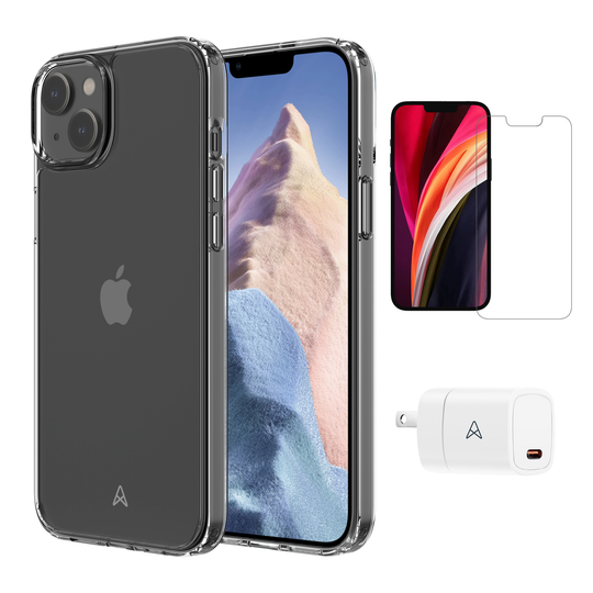 Axessorize Ensemble de départ | étui ULTRA CLEAR transparent testé contre les chutes, protecteur d’écran et chargeur 20W pour iPhone 14 Max