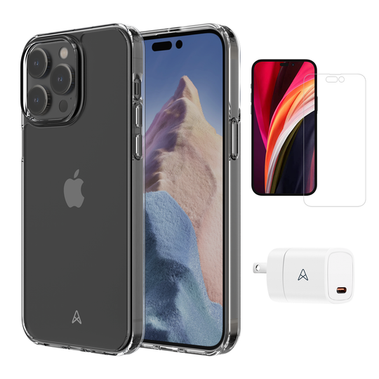 Axessorize Ensemble de départ | étui ULTRA CLEAR transparent testé contre les chutes, protecteur d’écran et chargeur 20W pour iPhone 14 Pro