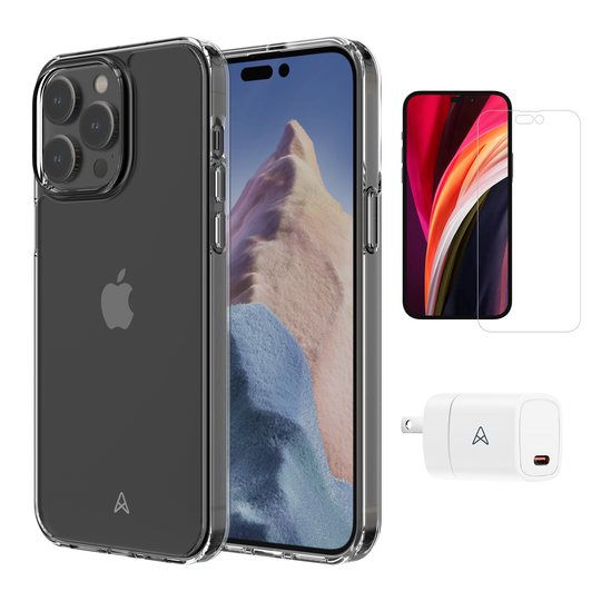 Axessorize Ensemble de départ | étui ULTRA CLEAR transparent testé contre les chutes, protecteur d’écran et chargeur 20W pour iPhone 14 Pro Max