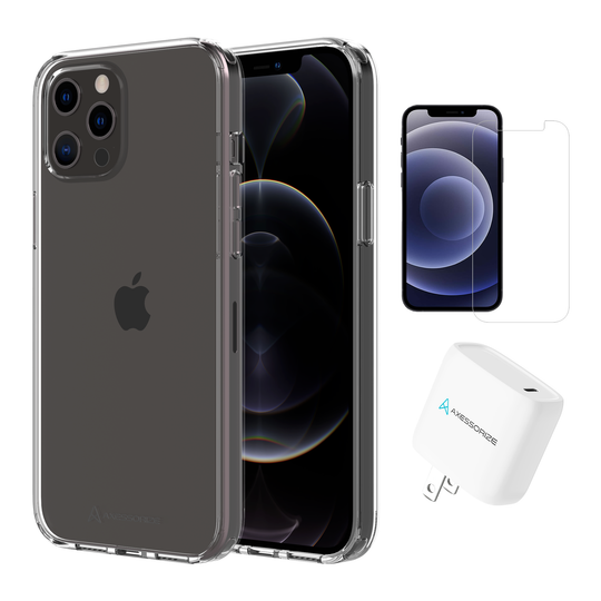 Axessorize Ensemble de départ | étui ULTRA CLEAR transparent testé contre les chutes, protecteur d’écran et chargeur 20W pour iPhone 12/12 Pro