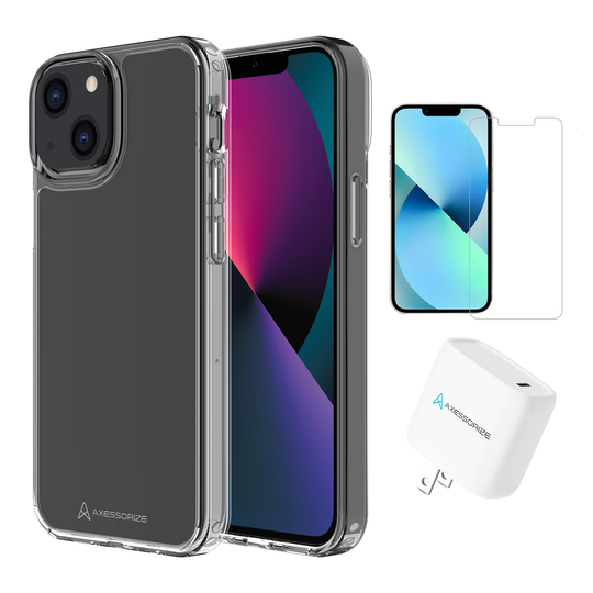 Axessorize Ensemble de départ | étui ULTRA CLEAR transparent testé contre les chutes, protecteur d’écran et chargeur 20W pour iPhone 13